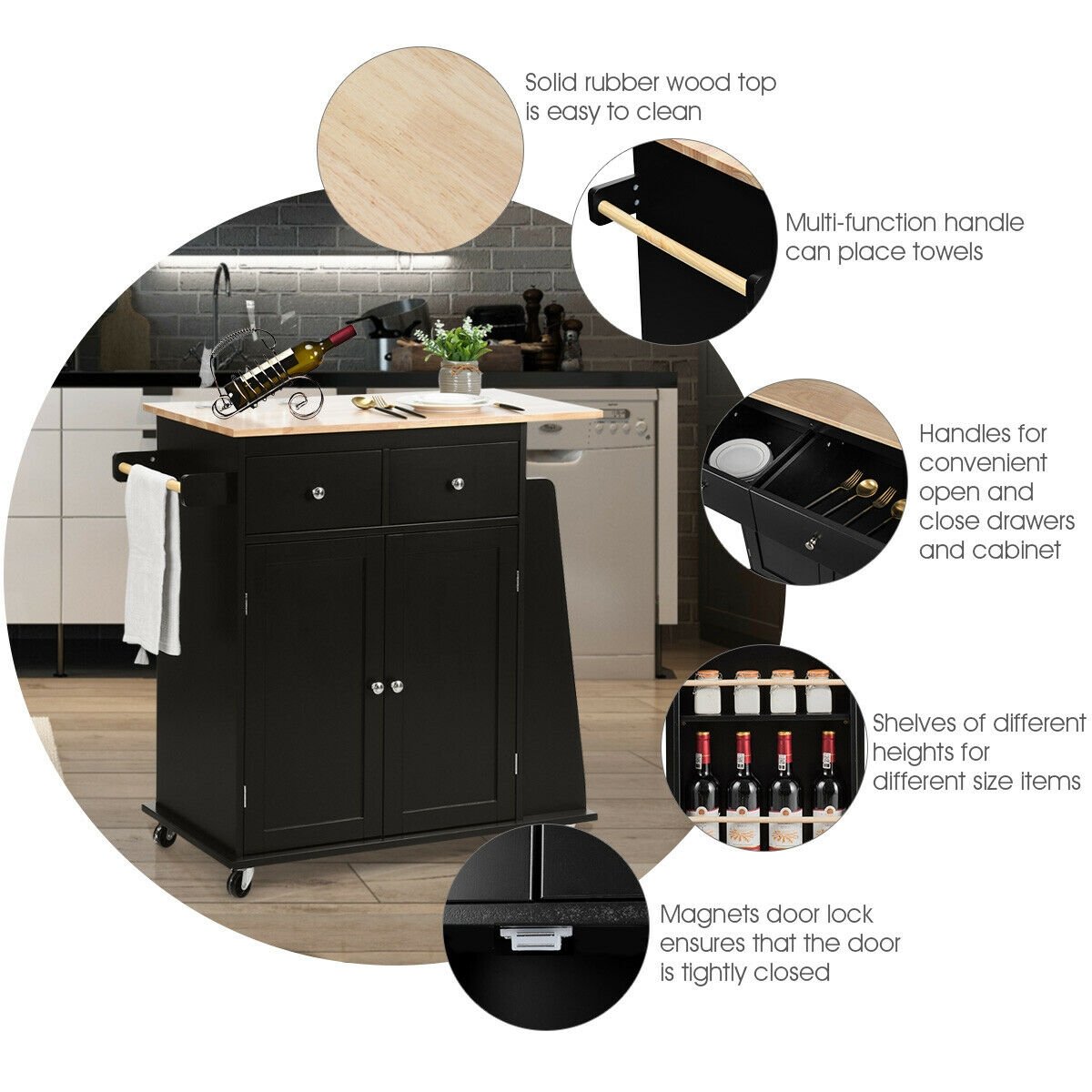 Rubber Wood Countertop Rolling Kitchen Island Cart, Black Kitchen Islands & Carts   at Gallery Canada