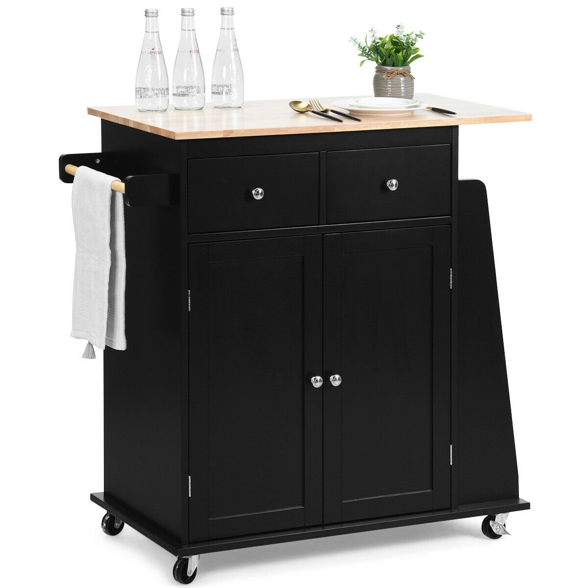 Rubber Wood Countertop Rolling Kitchen Island Cart, Black Kitchen Islands & Carts   at Gallery Canada