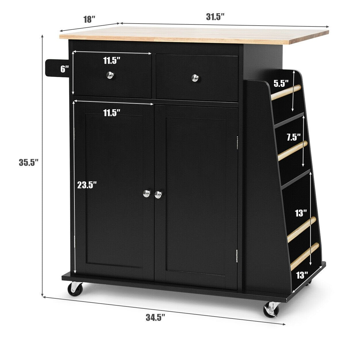 Rubber Wood Countertop Rolling Kitchen Island Cart, Black Kitchen Islands & Carts   at Gallery Canada