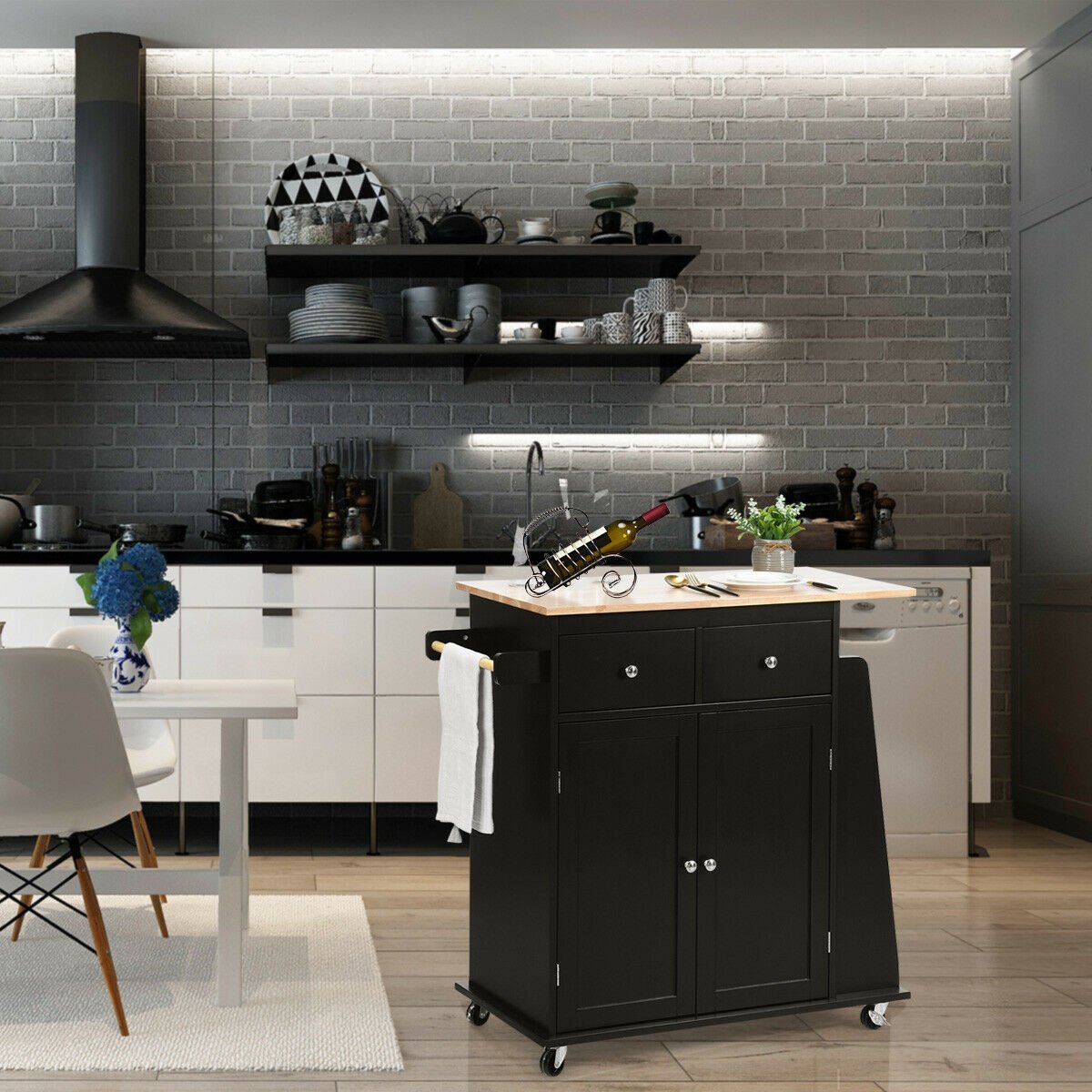 Rubber Wood Countertop Rolling Kitchen Island Cart, Black Kitchen Islands & Carts   at Gallery Canada