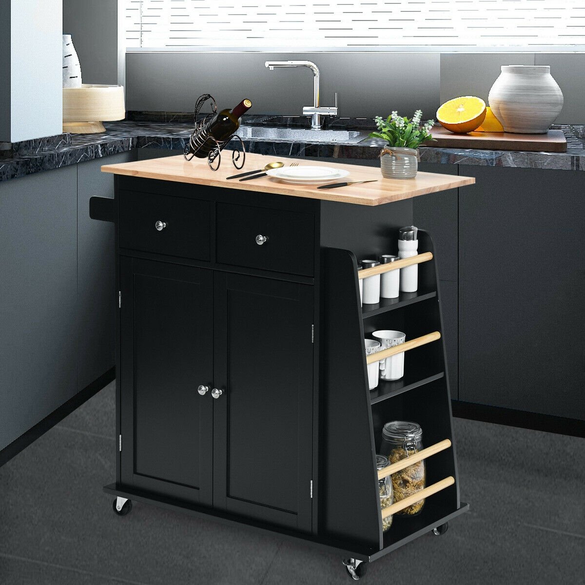 Rubber Wood Countertop Rolling Kitchen Island Cart, Black Kitchen Islands & Carts   at Gallery Canada