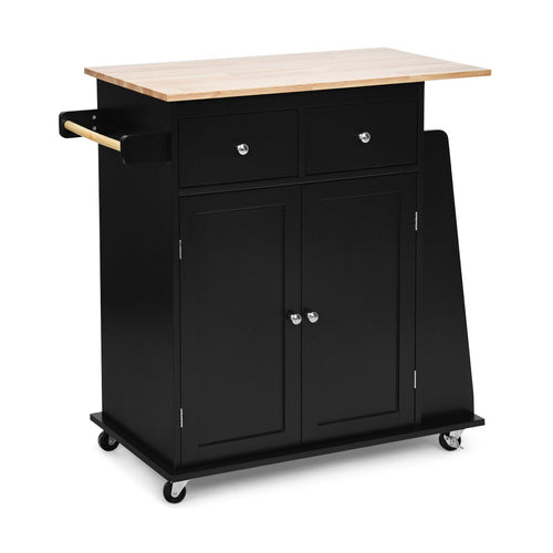 Rubber Wood Countertop Rolling Kitchen Island Cart, Black