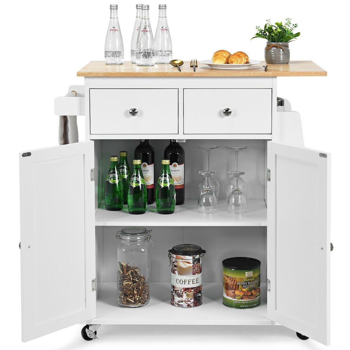 Rubber Wood Countertop Rolling Kitchen Island Cart, White - Gallery Canada