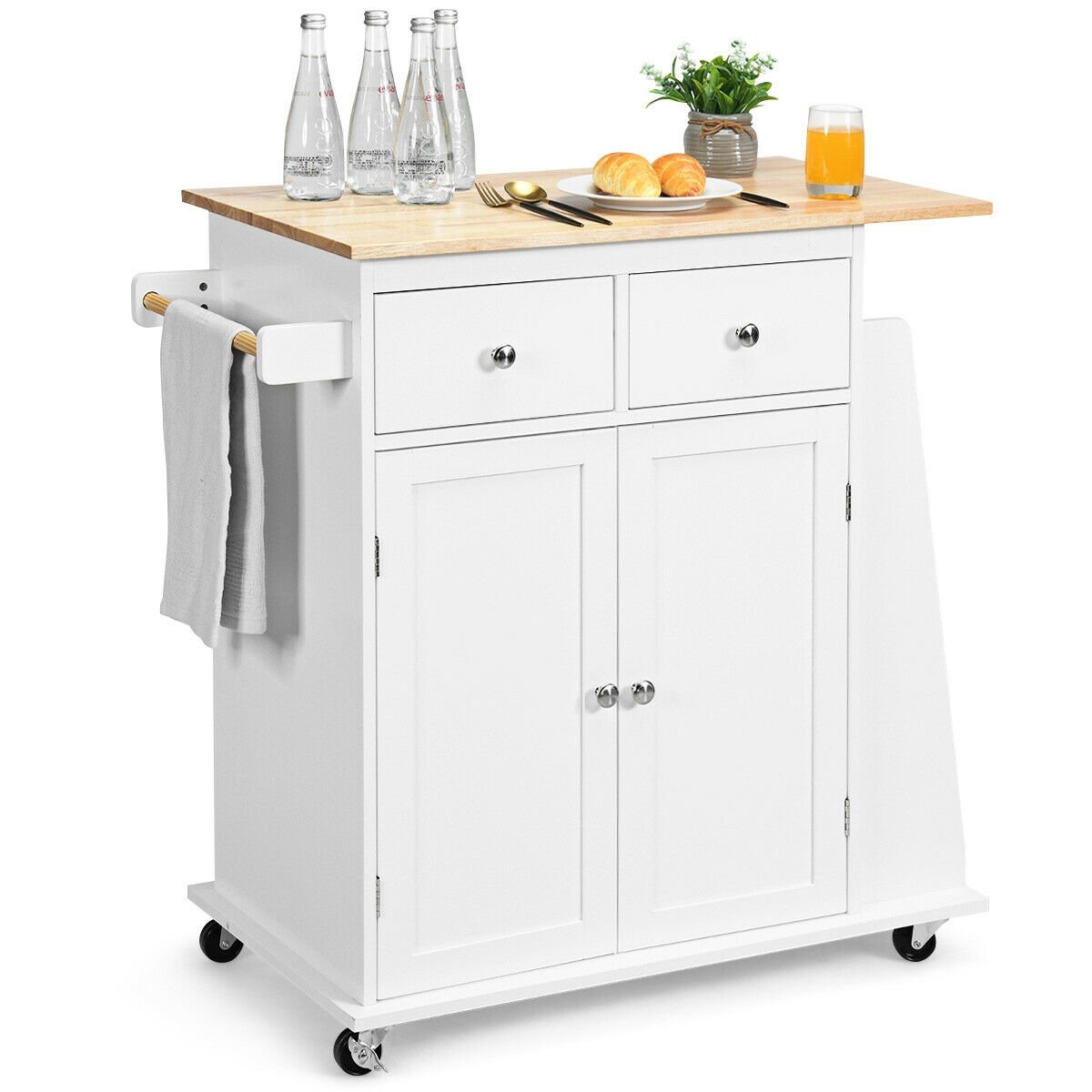 Rubber Wood Countertop Rolling Kitchen Island Cart, White Kitchen Islands & Carts   at Gallery Canada