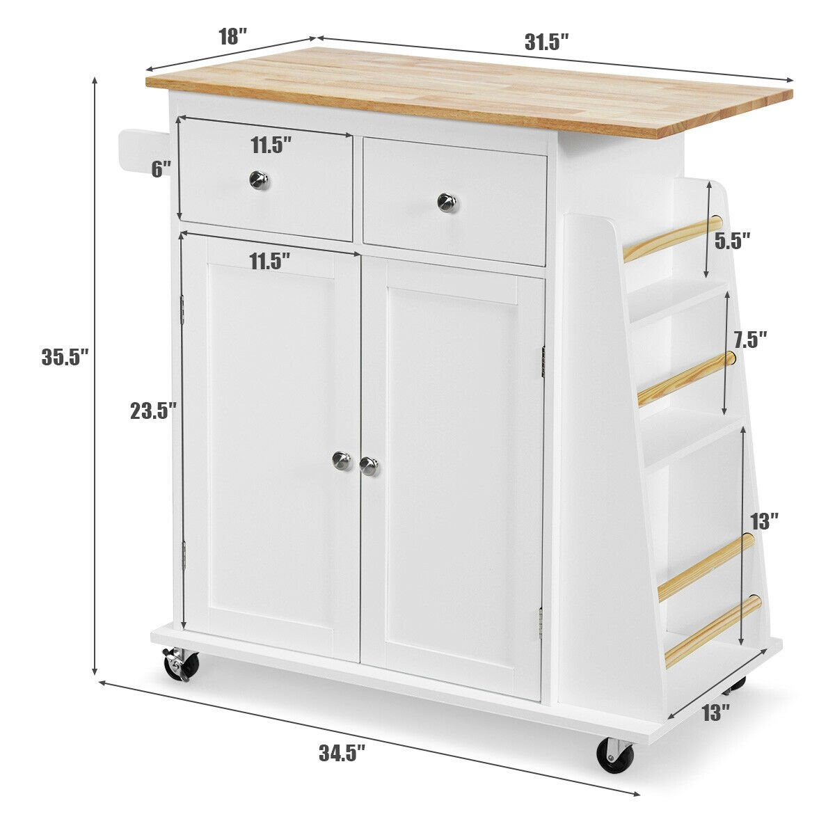 Rubber Wood Countertop Rolling Kitchen Island Cart, White Kitchen Islands & Carts   at Gallery Canada