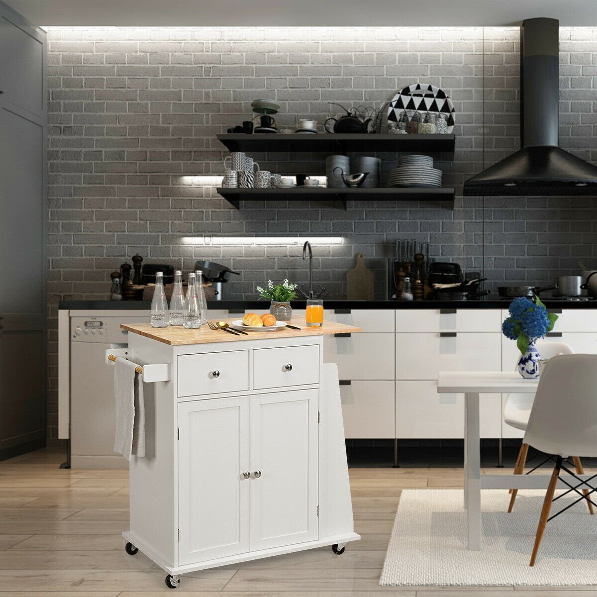 Rubber Wood Countertop Rolling Kitchen Island Cart, White Kitchen Islands & Carts   at Gallery Canada