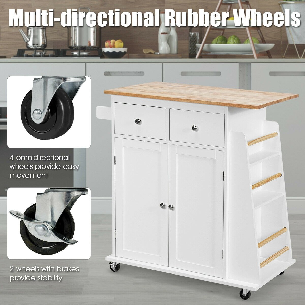 Rubber Wood Countertop Rolling Kitchen Island Cart, White Kitchen Islands & Carts   at Gallery Canada