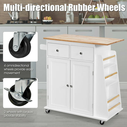 Rubber Wood Countertop Rolling Kitchen Island Cart, White - Gallery Canada