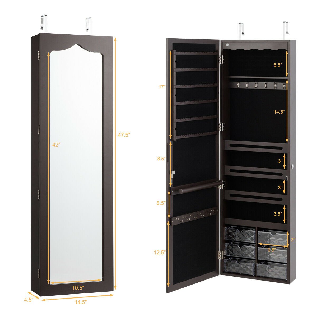 Door Hanging Mirror Jewelry Armoire with Full Length Mirror and 6 Drawers, Brown Jewelry Armoires   at Gallery Canada