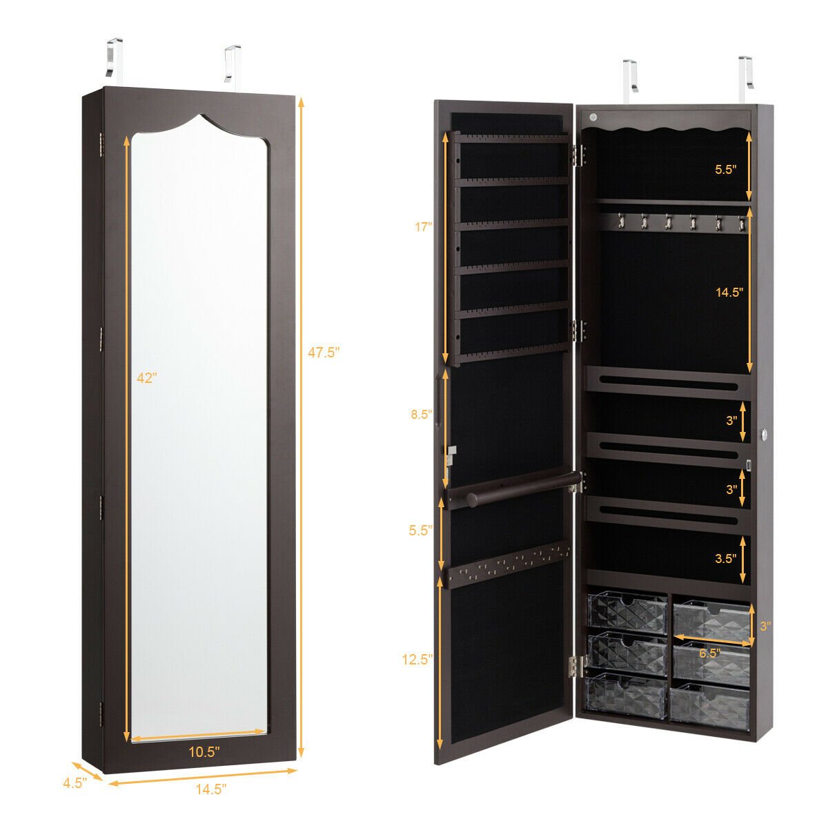 Door Hanging Mirror Jewelry Armoire with Full Length Mirror and 6 Drawers, Brown - Gallery Canada