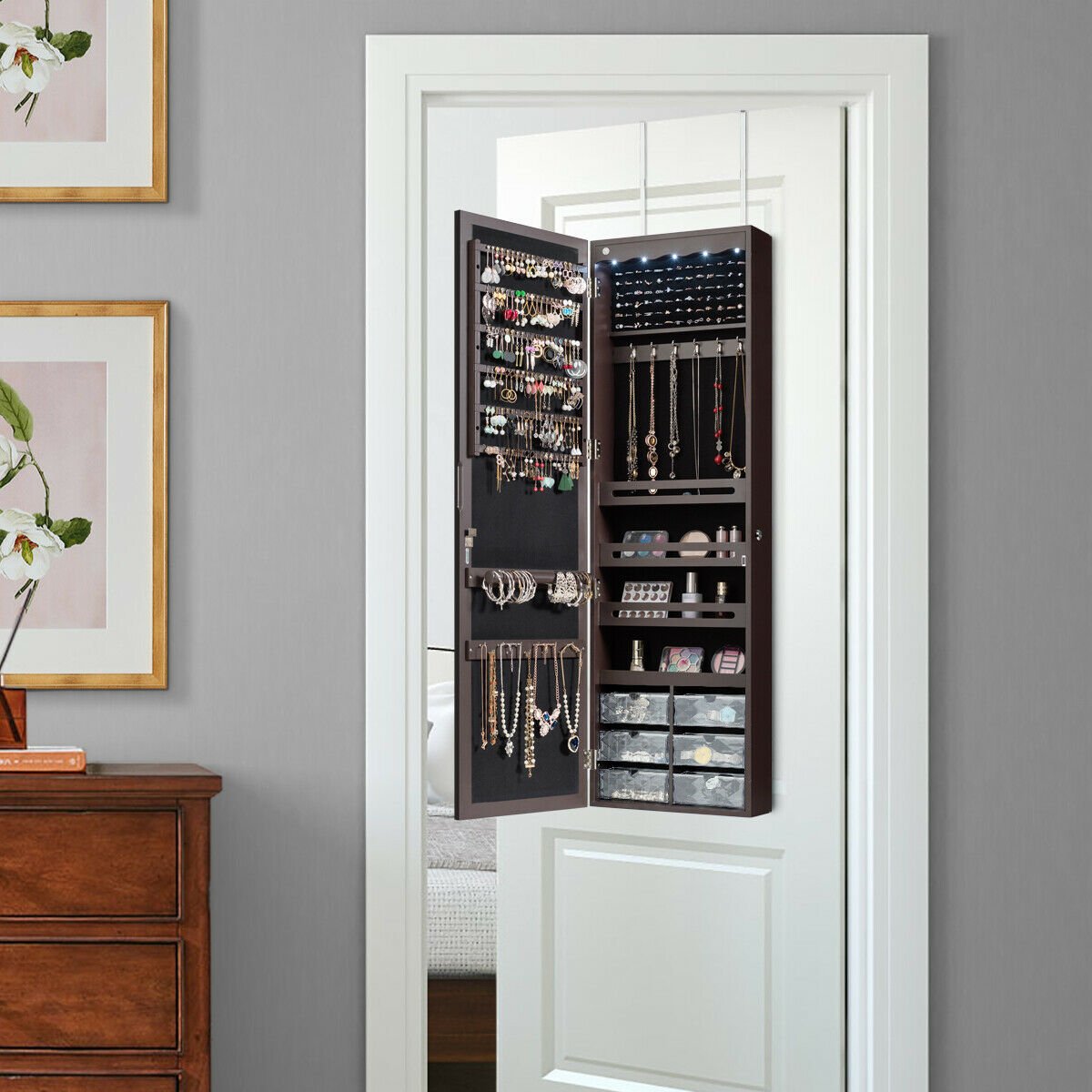 Door Hanging Mirror Jewelry Armoire with Full Length Mirror and 6 Drawers, Brown Jewelry Armoires   at Gallery Canada