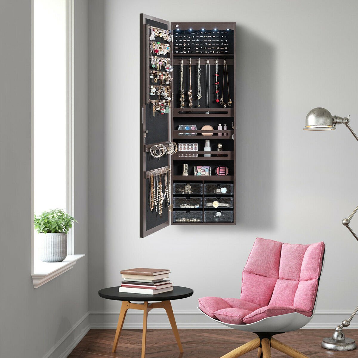 Door Hanging Mirror Jewelry Armoire with Full Length Mirror and 6 Drawers, Brown - Gallery Canada