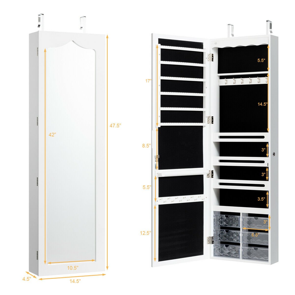 Door Hanging Mirror Jewelry Armoire with Full Length Mirror and 6 Drawers, White Jewelry Armoires   at Gallery Canada