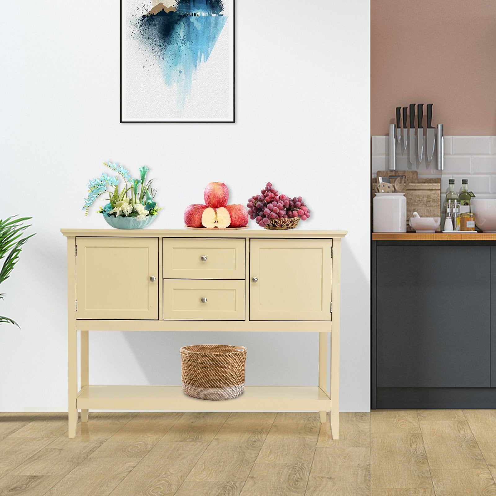 Wooden Sideboard Buffet Console Table  with Drawers and Storage, Beige Console Tables   at Gallery Canada