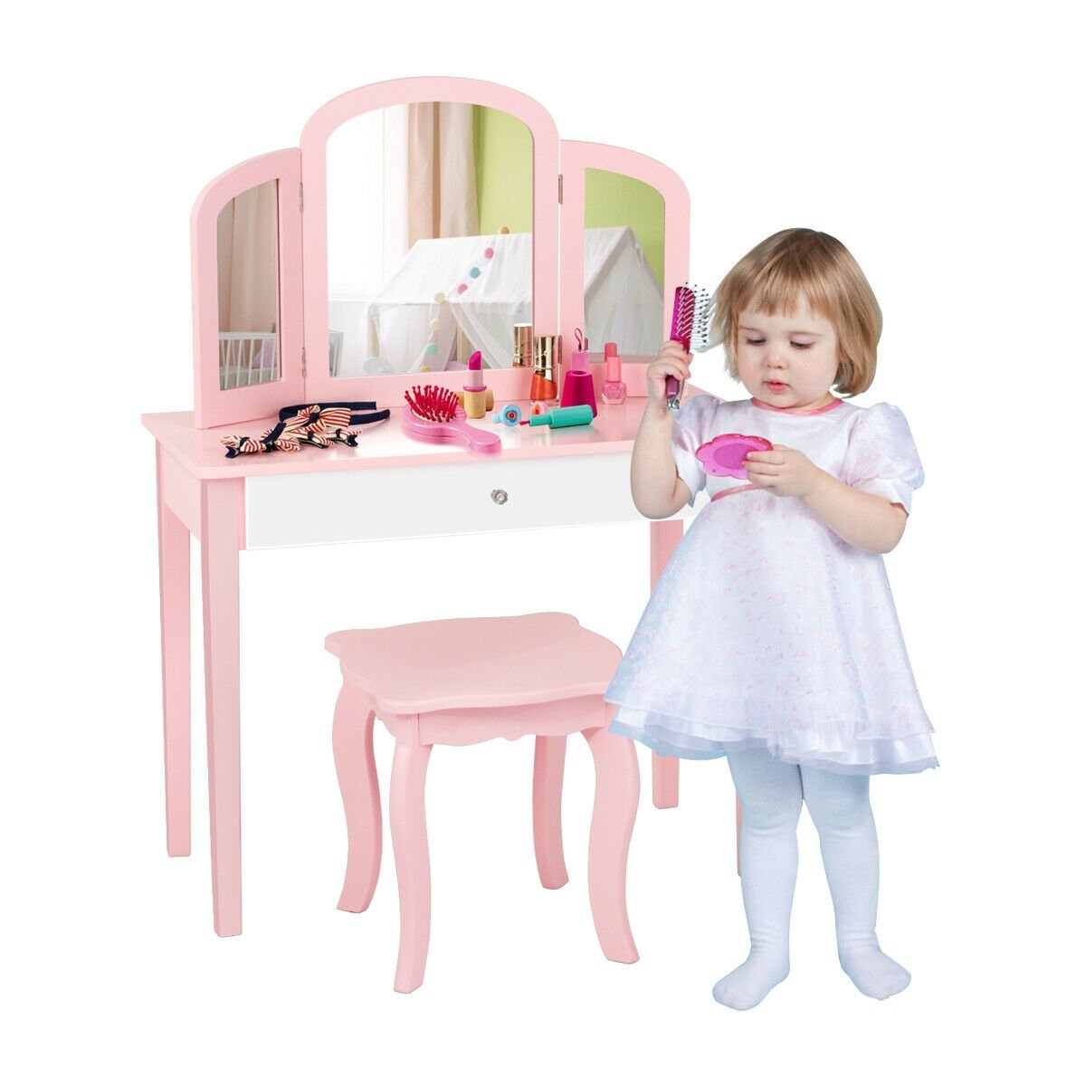 Kids Princess Make Up Dressing Table with Tri-folding Mirror and Chair, Pink Kids Vanities   at Gallery Canada