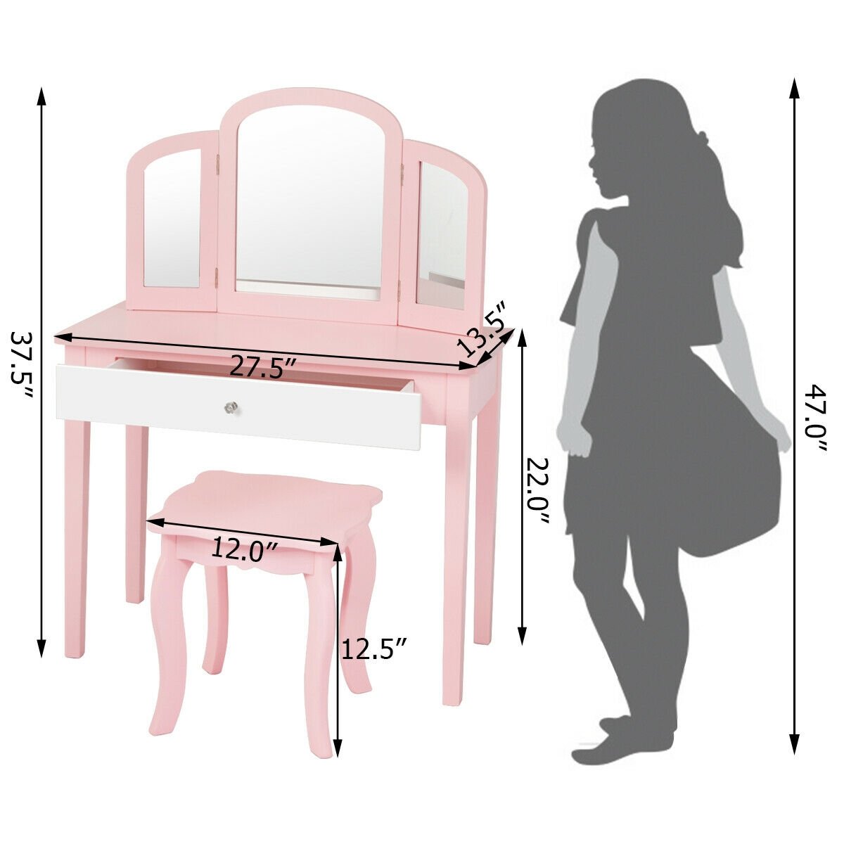 Kids Princess Make Up Dressing Table with Tri-folding Mirror and Chair, Pink Kids Vanities   at Gallery Canada