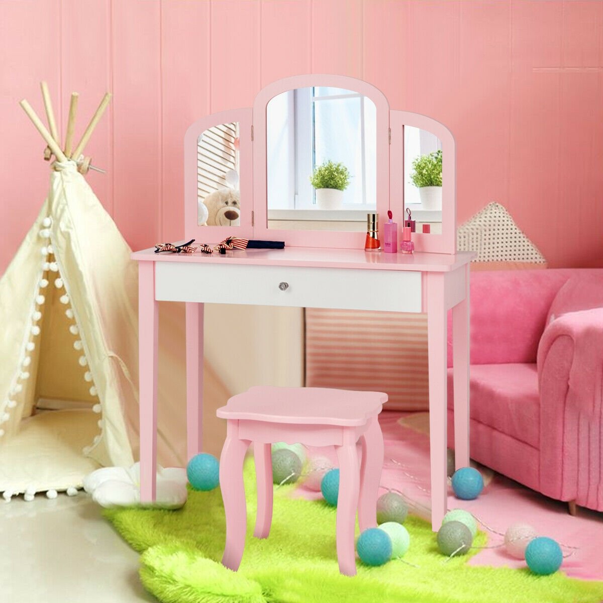 Kids Princess Make Up Dressing Table with Tri-folding Mirror and Chair, Pink Kids Vanities   at Gallery Canada