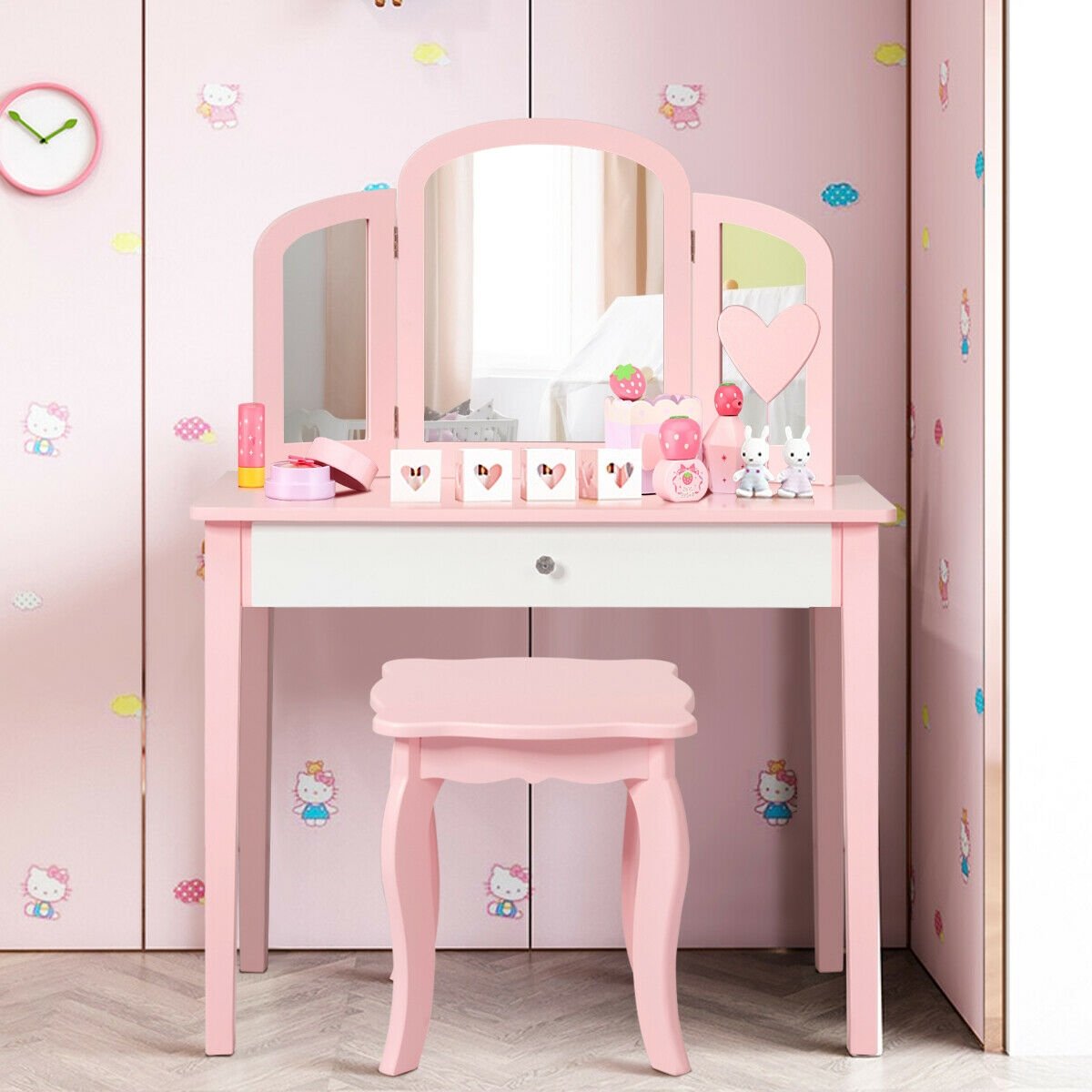 Kids Princess Make Up Dressing Table with Tri-folding Mirror and Chair, Pink Kids Vanities   at Gallery Canada