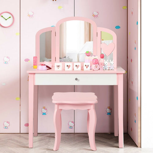 Kids Princess Make Up Dressing Table with Tri-folding Mirror and Chair, Pink