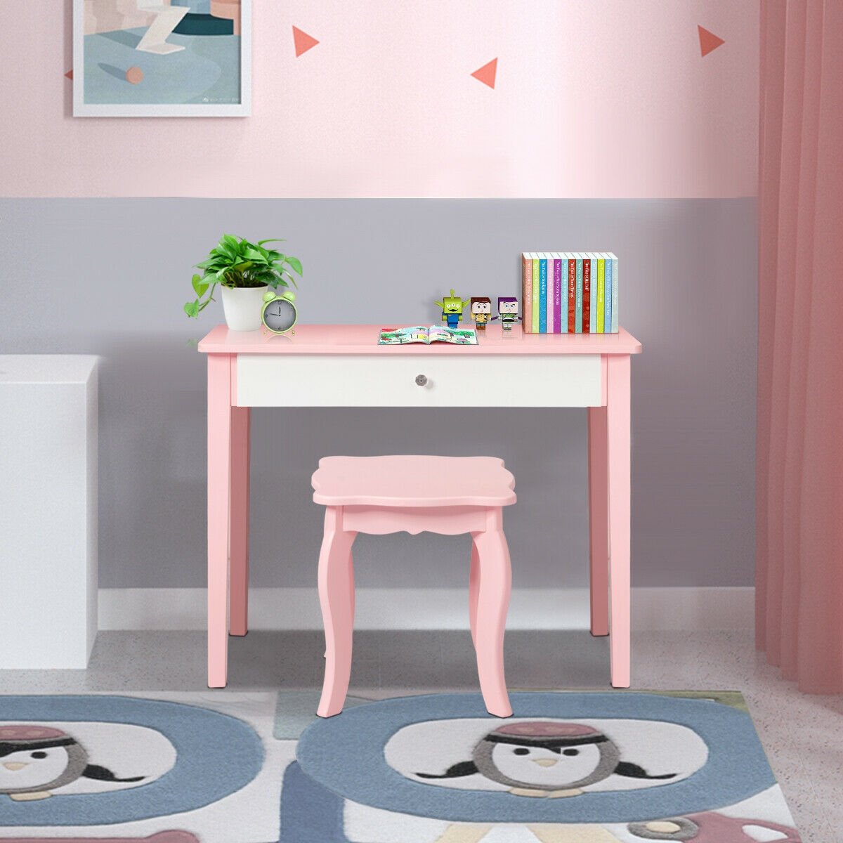 Kids Princess Make Up Dressing Table with Tri-folding Mirror and Chair, Pink - Gallery Canada