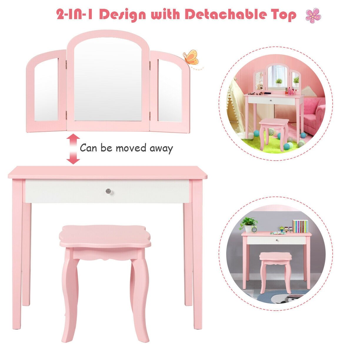 Kids Princess Make Up Dressing Table with Tri-folding Mirror and Chair, Pink Kids Vanities   at Gallery Canada