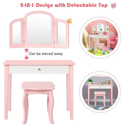 Kids Princess Make Up Dressing Table with Tri-folding Mirror and Chair, Pink - Gallery Canada