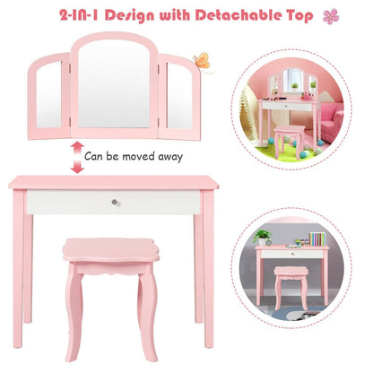 Kids Princess Make Up Dressing Table with Tri-folding Mirror and Chair, Pink Kids Vanities   at Gallery Canada