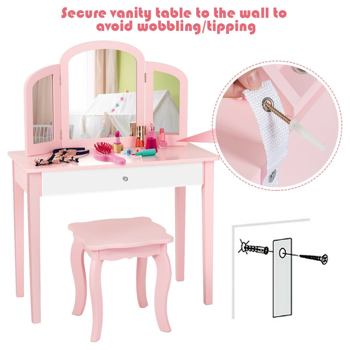 Kids Princess Make Up Dressing Table with Tri-folding Mirror and Chair, Pink Kids Vanities   at Gallery Canada