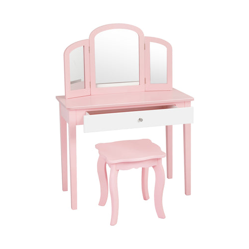 Kids Princess Make Up Dressing Table with Tri-folding Mirror and Chair, Pink