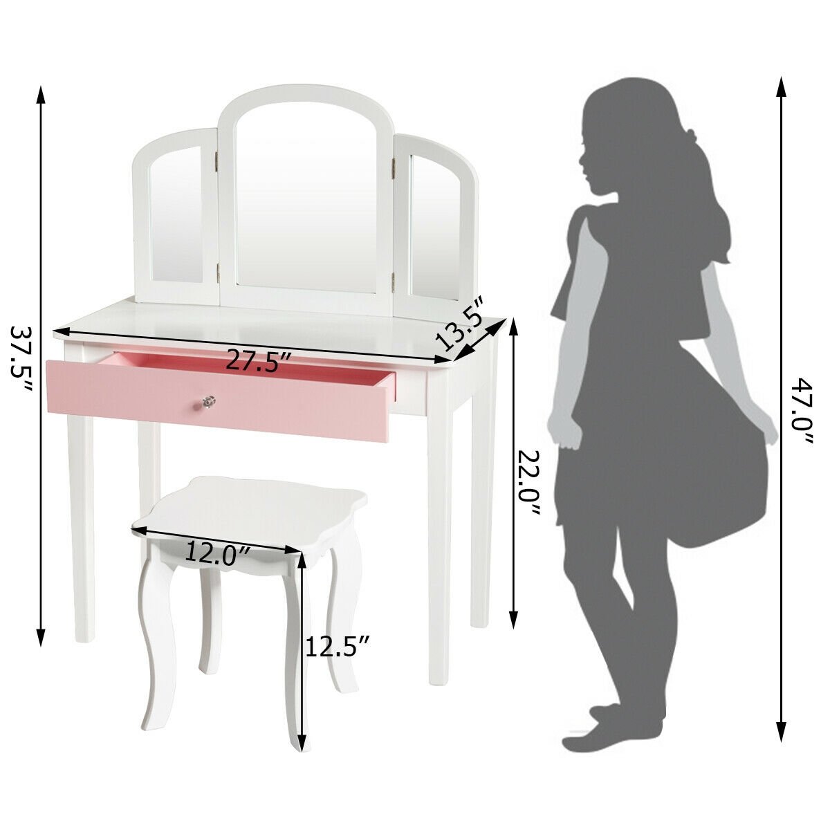 Kids Princess Make Up Dressing Table with Tri-folding Mirror and Chair, White Kids Vanities   at Gallery Canada