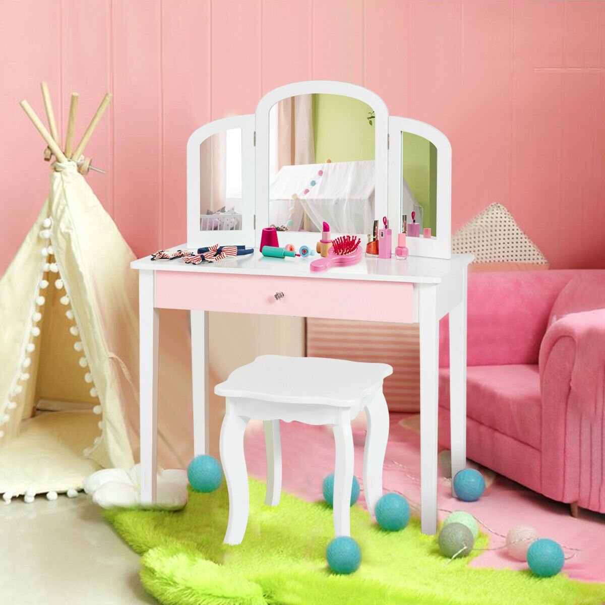 Kids Princess Make Up Dressing Table with Tri-folding Mirror and Chair, White Kids Vanities   at Gallery Canada