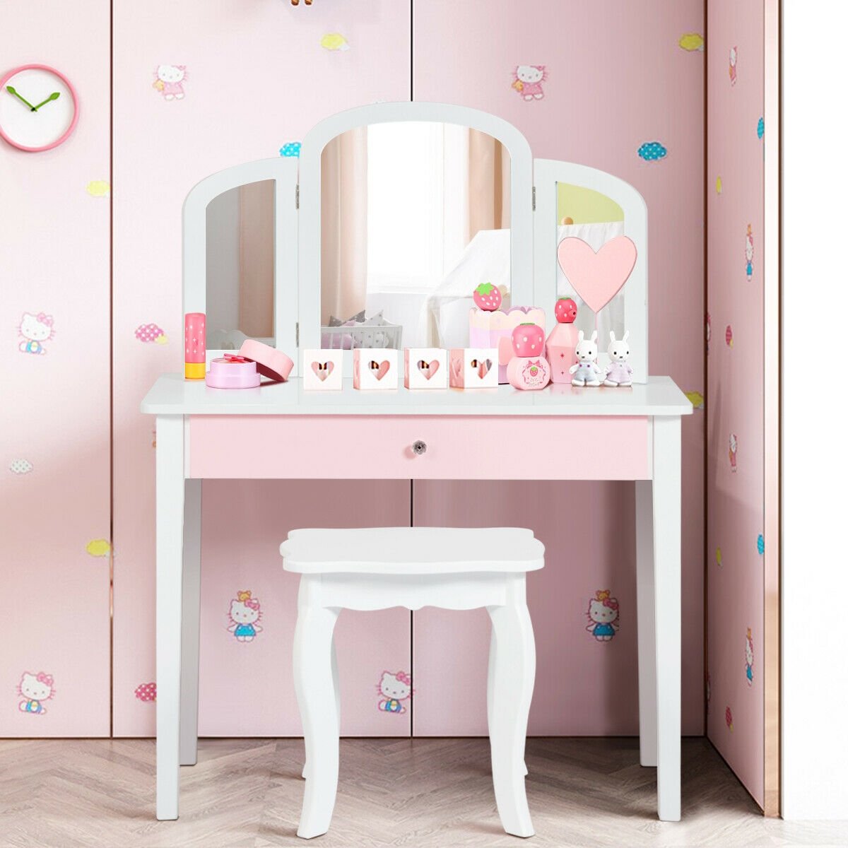 Kids Princess Make Up Dressing Table with Tri-folding Mirror and Chair, White Kids Vanities   at Gallery Canada