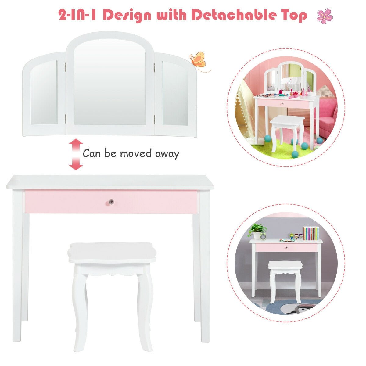 Kids Princess Make Up Dressing Table with Tri-folding Mirror and Chair, White Kids Vanities   at Gallery Canada