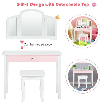 Kids Princess Make Up Dressing Table with Tri-folding Mirror and Chair, White Kids Vanities   at Gallery Canada