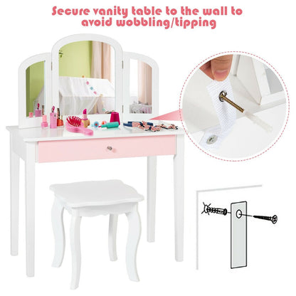 Kids Princess Make Up Dressing Table with Tri-folding Mirror and Chair, White Kids Vanities   at Gallery Canada