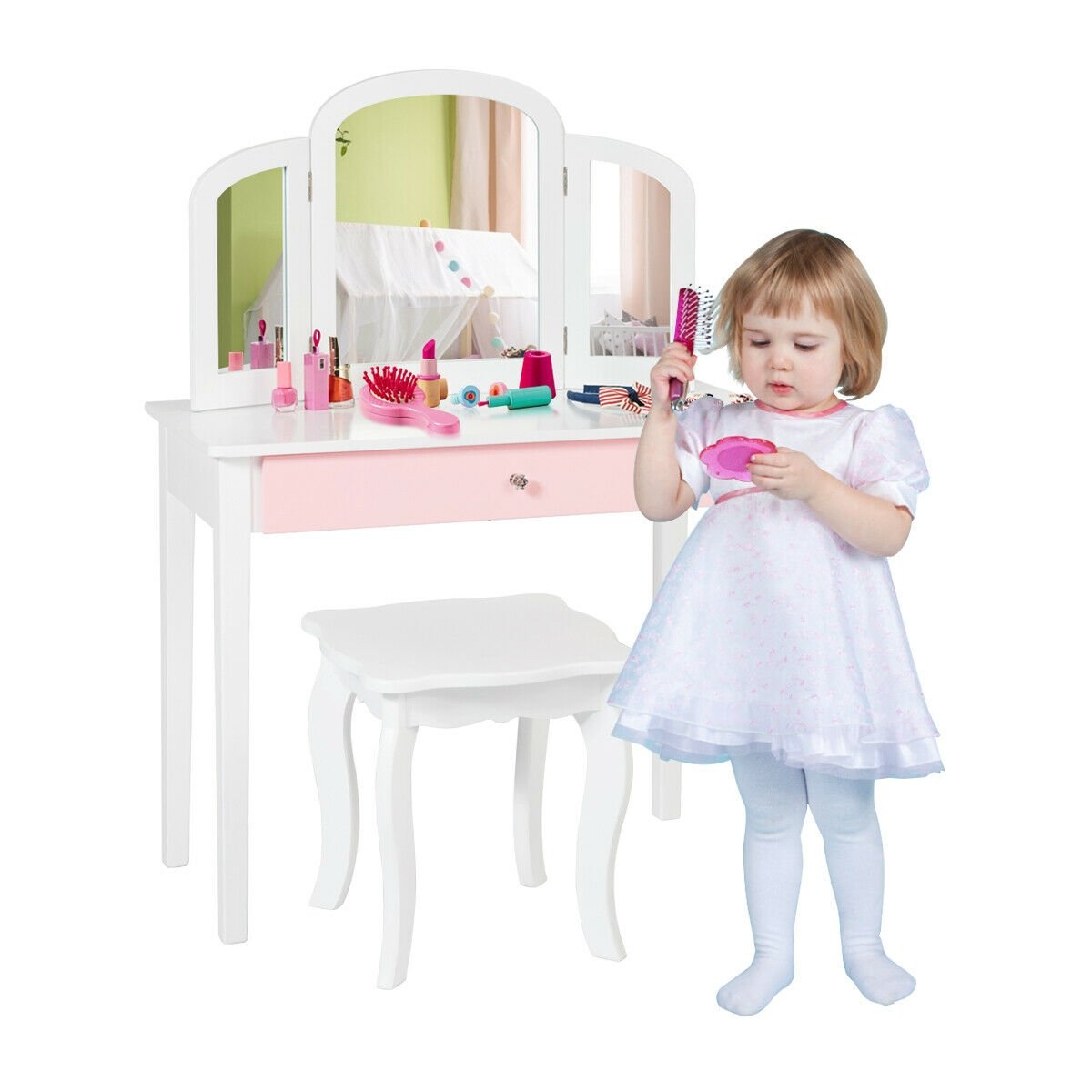 Kids Princess Make Up Dressing Table with Tri-folding Mirror and Chair, White Kids Vanities   at Gallery Canada