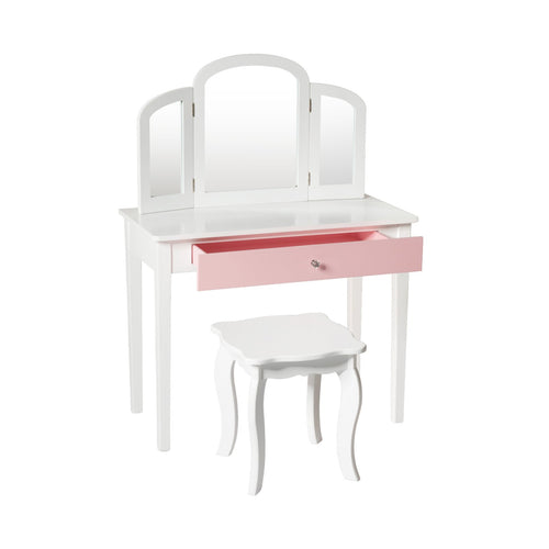 Kids Princess Make Up Dressing Table with Tri-folding Mirror and Chair, White