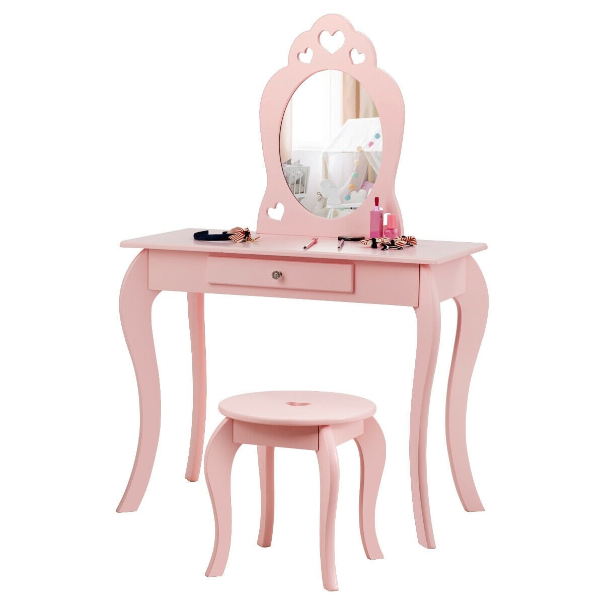 Kids Princess Makeup Dressing Play Table Set with Mirror , Pink - Gallery Canada