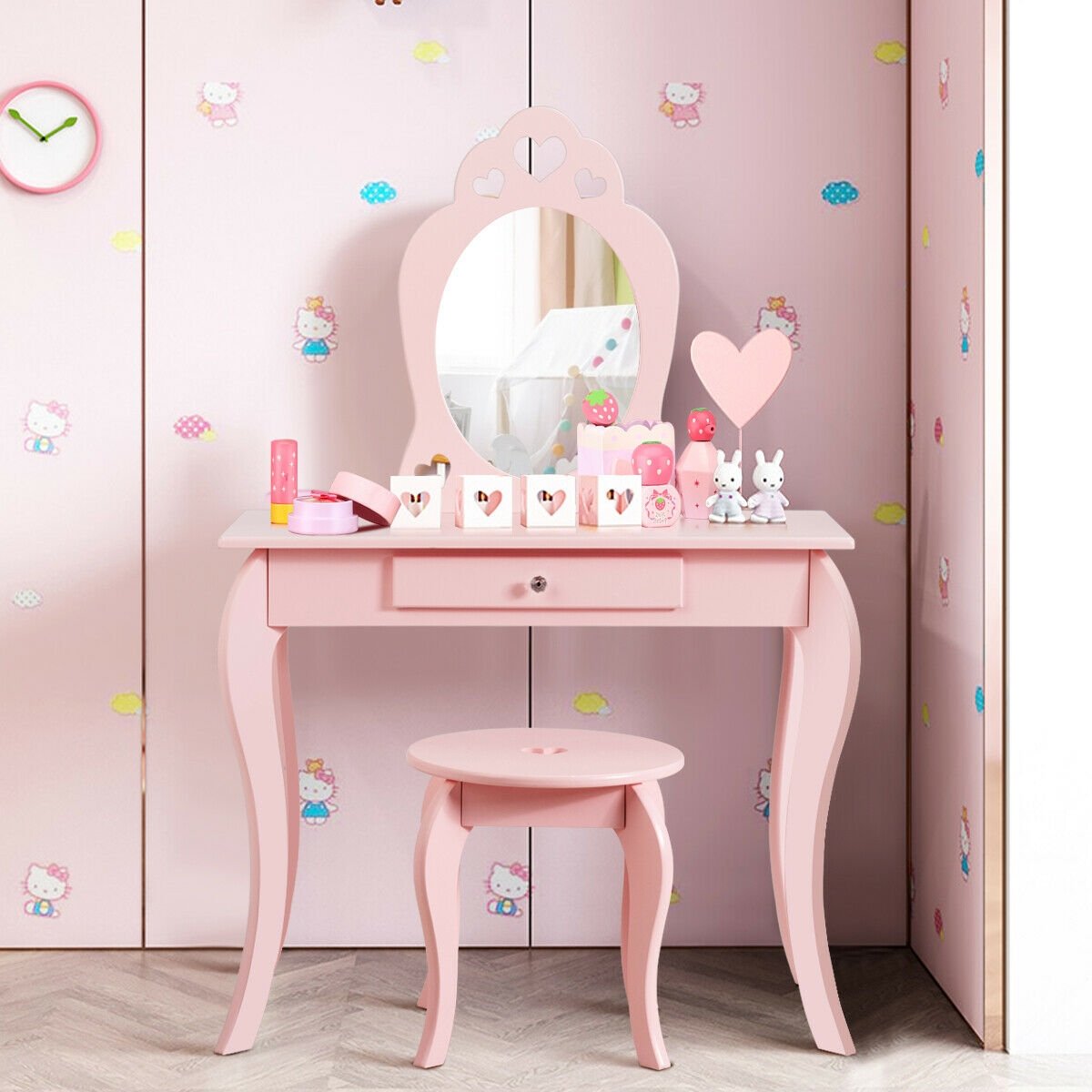 Kids Princess Makeup Dressing Play Table Set with Mirror , Pink - Gallery Canada
