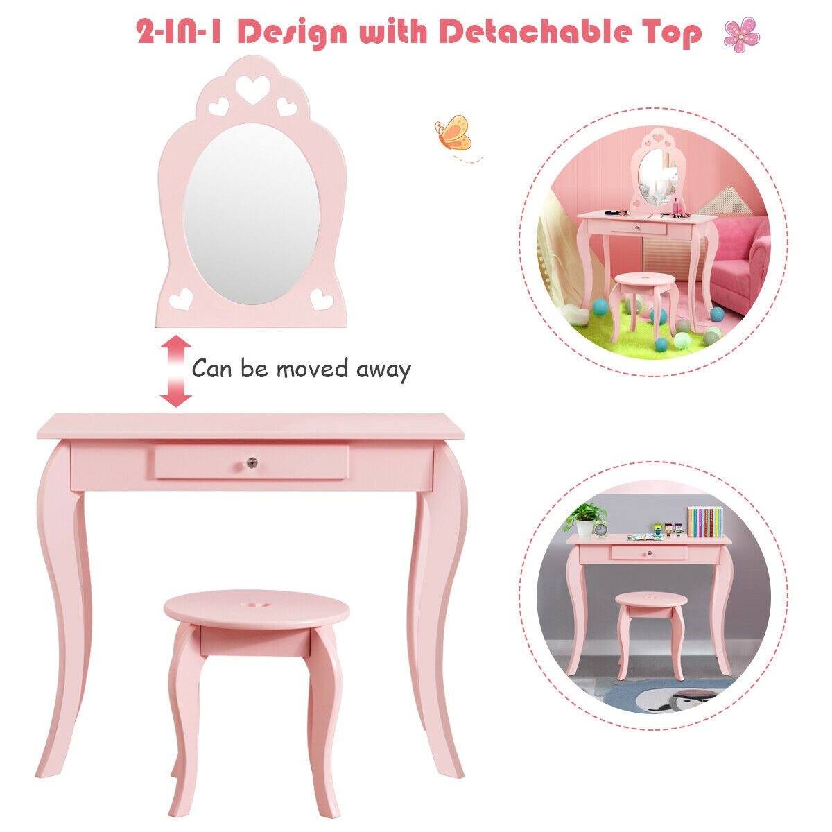 Kids Princess Makeup Dressing Play Table Set with Mirror , Pink - Gallery Canada