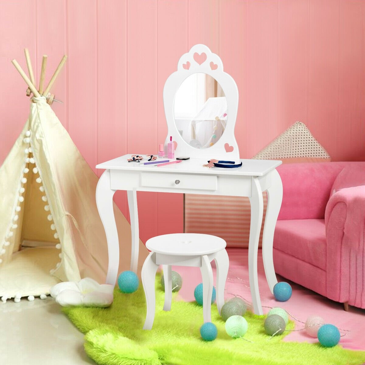 Kids Princess Makeup Dressing Play Table Set with Mirror , White Makeup Vanities   at Gallery Canada