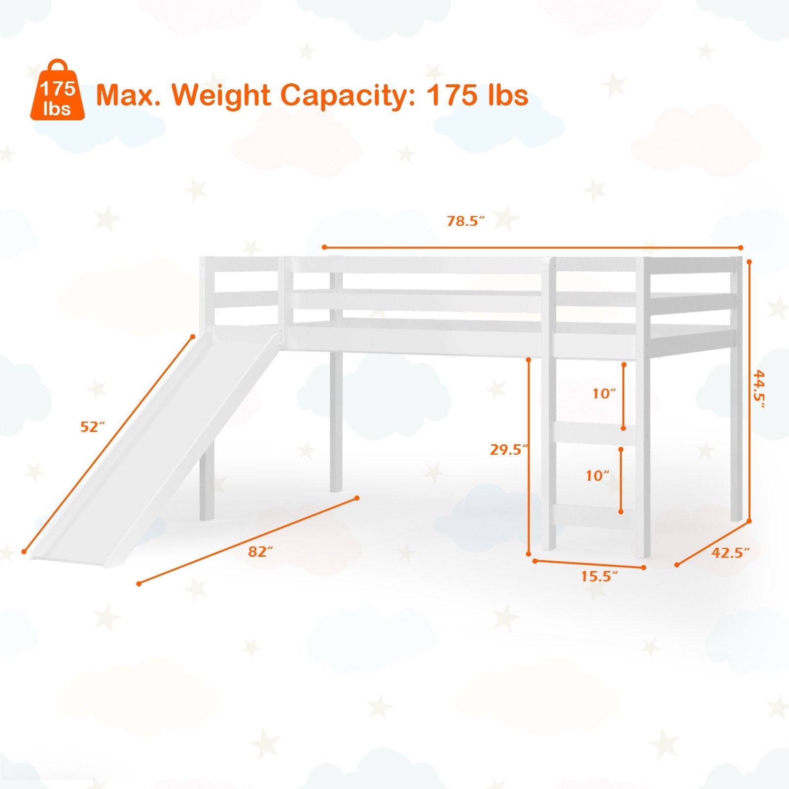 Twin Size Low Sturdy Loft Bed with Slide Wood , White Bunk Bed Frame   at Gallery Canada