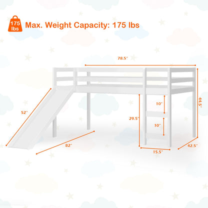 Twin Size Low Sturdy Loft Bed with Slide Wood , White Bunk Bed Frame   at Gallery Canada