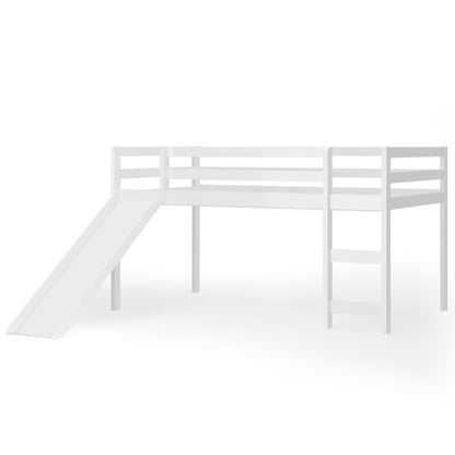 Twin Size Low Sturdy Loft Bed with Slide Wood , White Bunk Bed Frame   at Gallery Canada