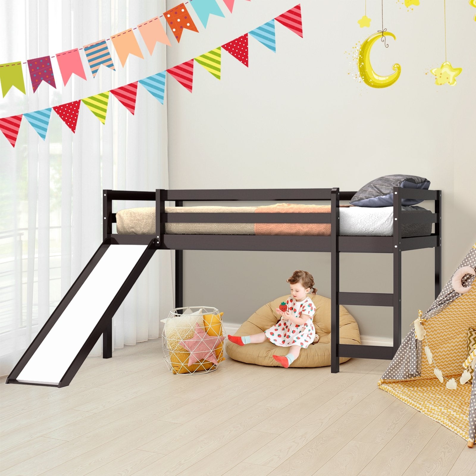 Twin Size Low Sturdy Loft Bed with Slide Wood , Dark Brown Bunk Bed Frame   at Gallery Canada