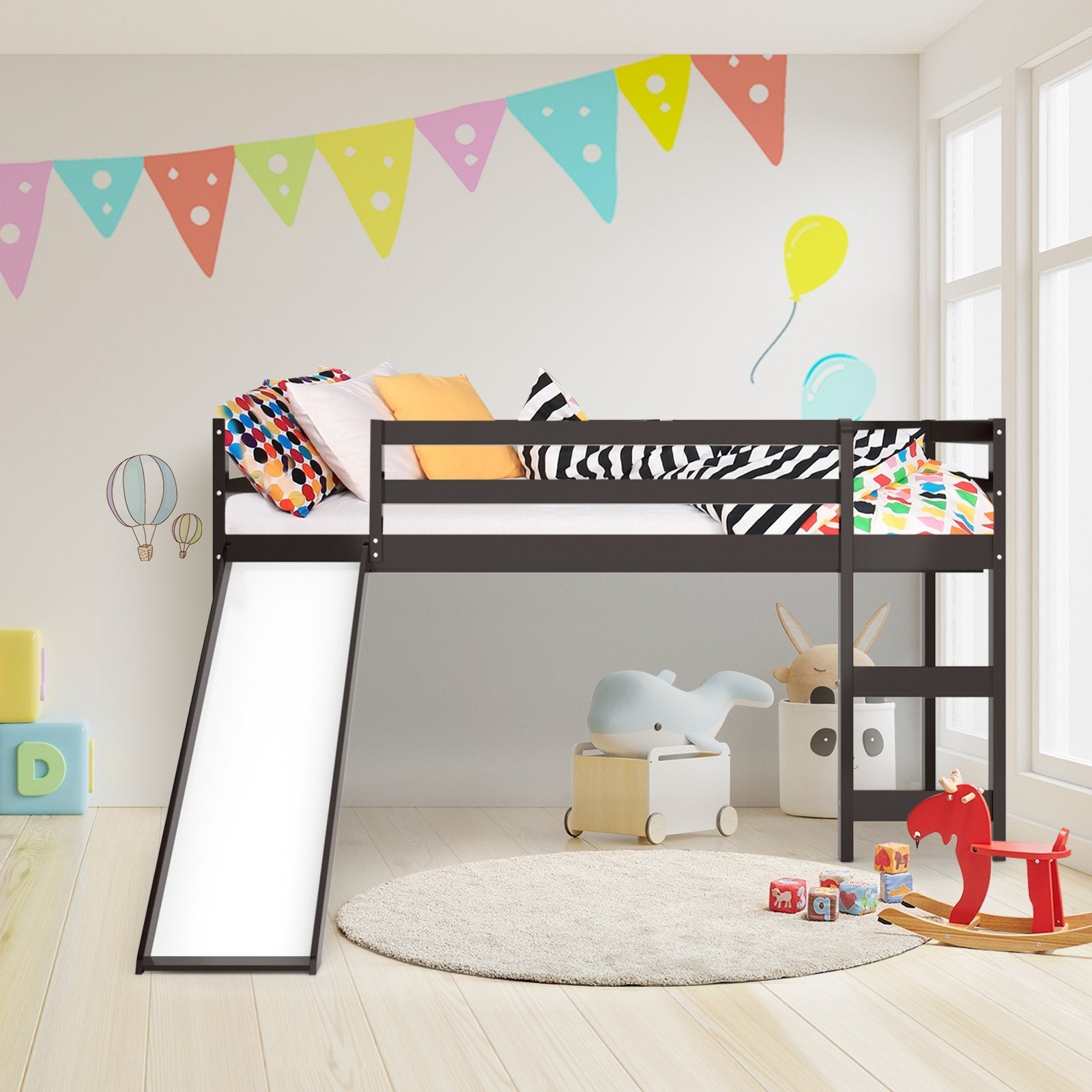 Twin Size Low Sturdy Loft Bed with Slide Wood , Dark Brown Bunk Bed Frame   at Gallery Canada