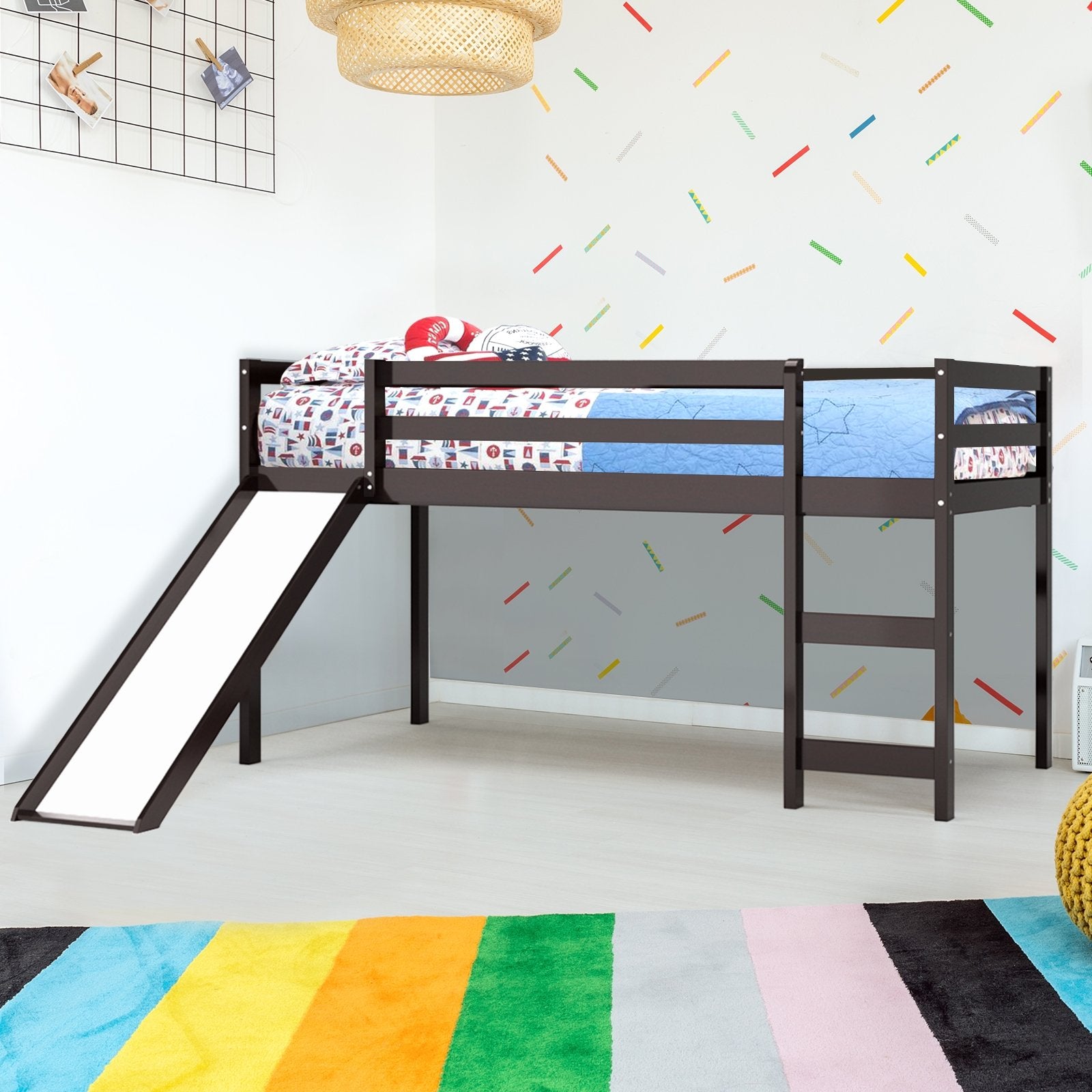 Twin Size Low Sturdy Loft Bed with Slide Wood , Dark Brown Bunk Bed Frame   at Gallery Canada