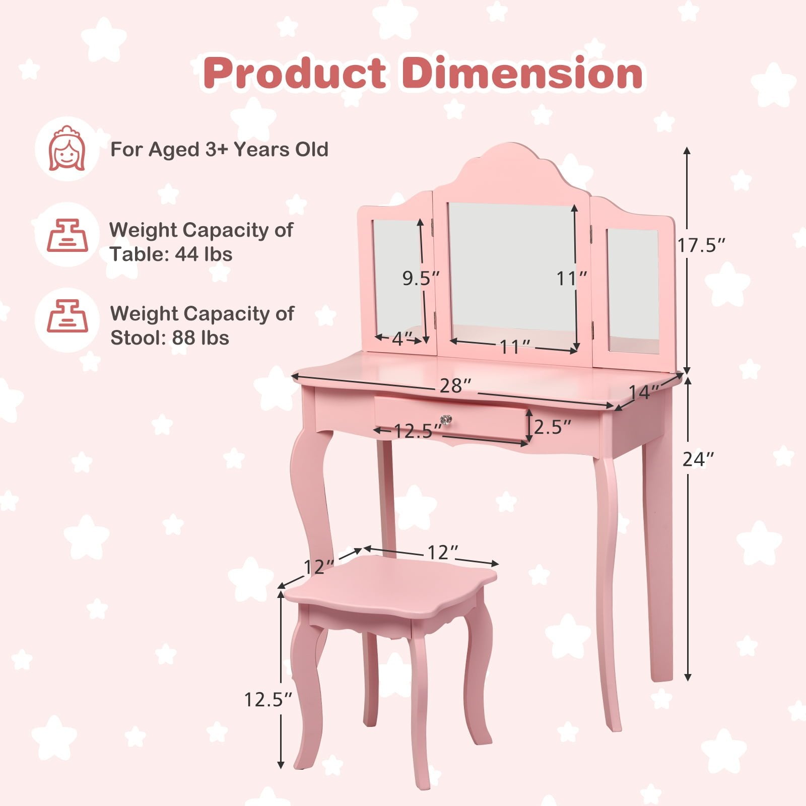 Kids Makeup Dressing Mirror Vanity Table Stool Set, Pink Kids Vanities   at Gallery Canada