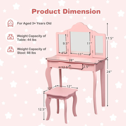 Kids Makeup Dressing Mirror Vanity Table Stool Set, Pink Kids Vanities   at Gallery Canada