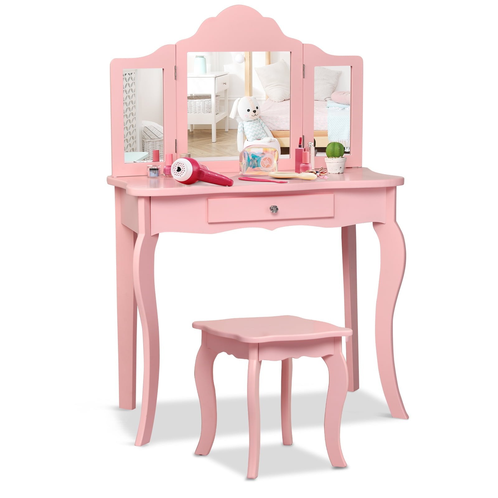 Kids Makeup Dressing Mirror Vanity Table Stool Set, Pink Kids Vanities   at Gallery Canada